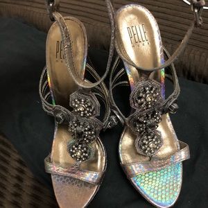 5 1/2 inch pewter color T-strap shoes